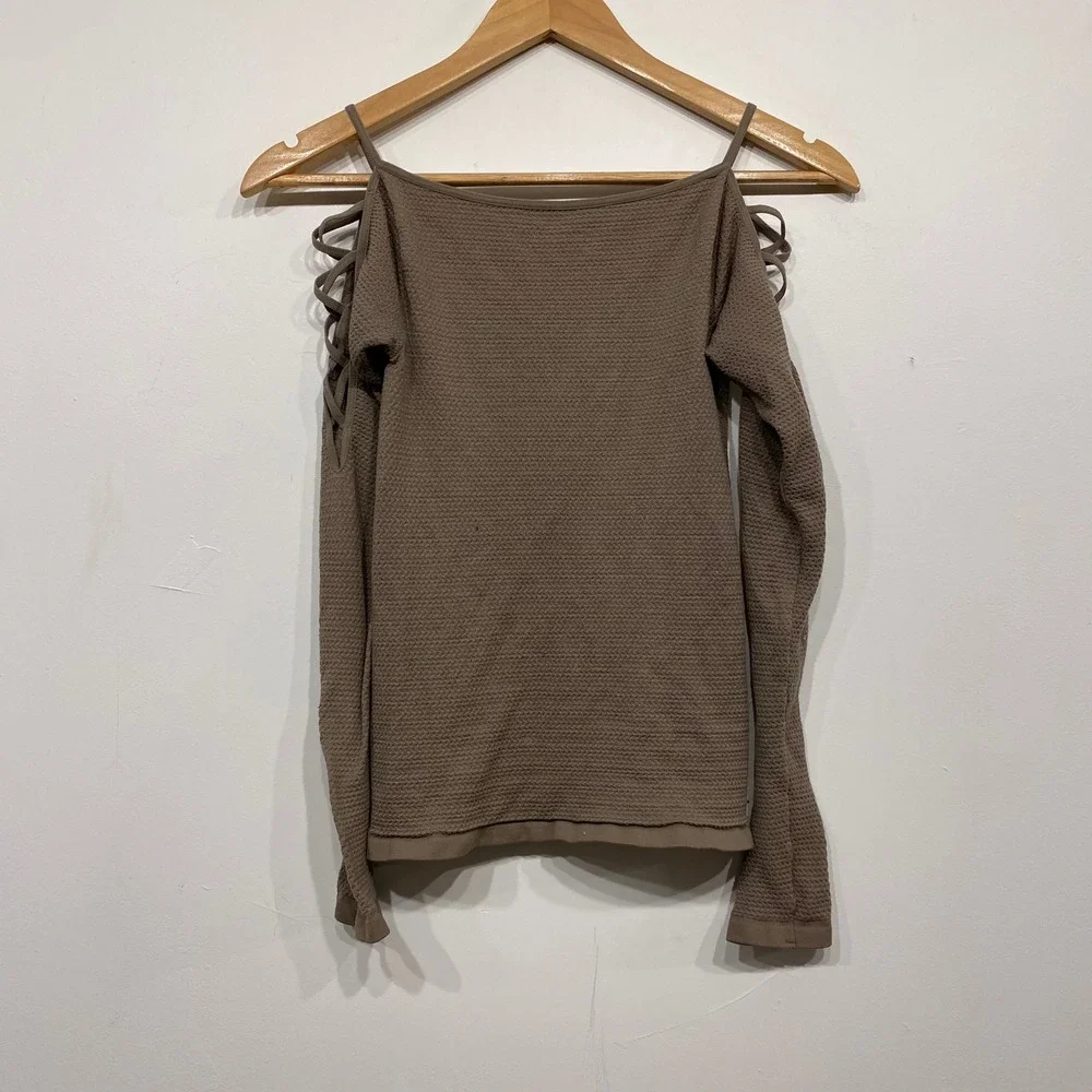 Free People Intimately Cold Shoulder Lattice Sleeve Seamless Top Taupe XS/S
